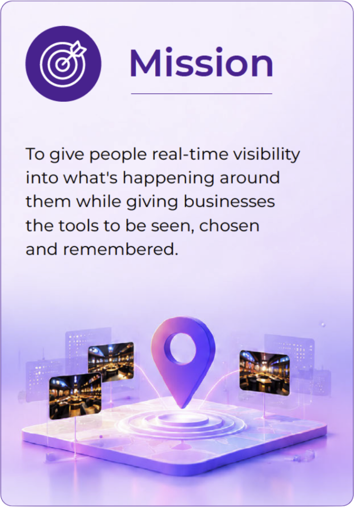 Our Mission: To give people real-time visibility into what's happening around them while giving businesses the tools to be seen, chosen and remembered.