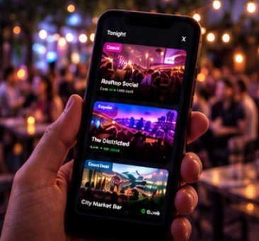 A phone showing live venue views on CSLIVE in a busy bar